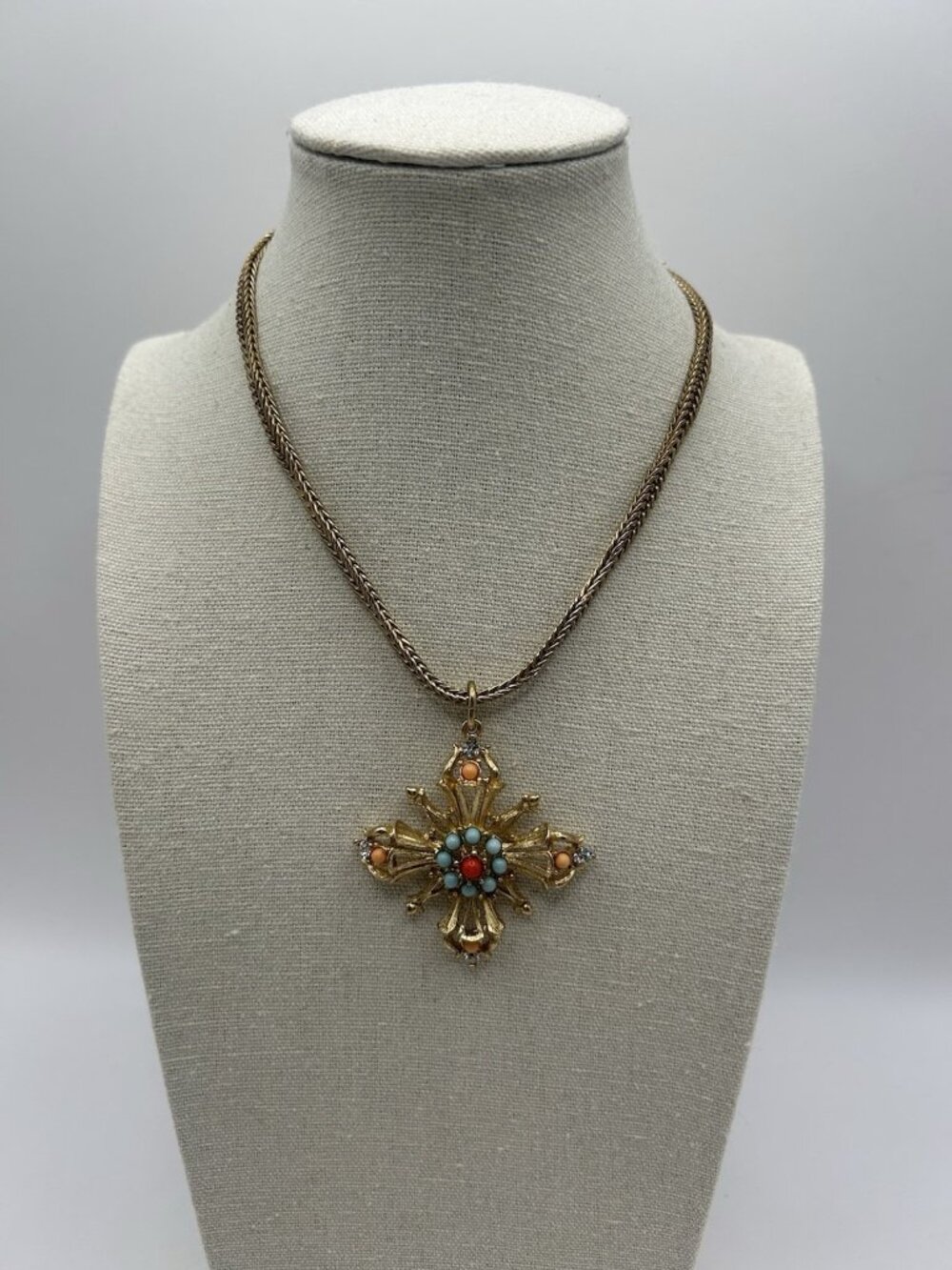 Express Gold Tone Cross Pendant Necklace Faux Turquoise Coral Rhinestone Y2K